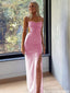 Elegant Light Pink Ruched Prom Dress Spaghetti Strap High Slit Mesh Party Gown,OLP2074