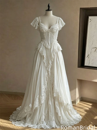 Classy Vintage Ivory Inspired Lace Prom Dress Pretty Flutter Sleeve Corset Gown,OLP2288