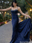 Sexy Navy Blue Satin Mermaid Prom Gown Glitter Bodice Side Cutout,OLP1935