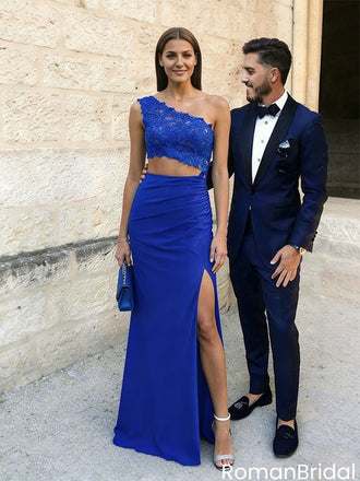 Sexy One Shoulder Royal Blue Prom Dress Lace Cutout High Slit Satin Column,OLP2148