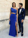 Sexy One Shoulder Royal Blue Prom Dress Lace Cutout High Slit Satin Column,OLP2148