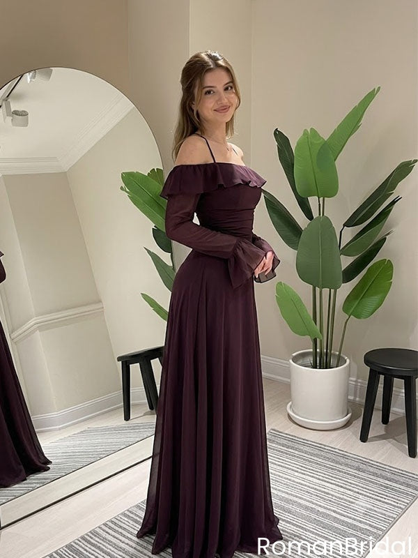 Beautiful Dark Purple Chiffon Prom Dress Off Shoulder Ruffle Sleeve Long,OLP2323