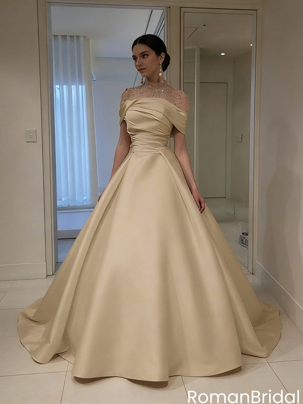 Elegant Champagne Gold Satin Prom Dress with Ruched Bodice,OLP2104