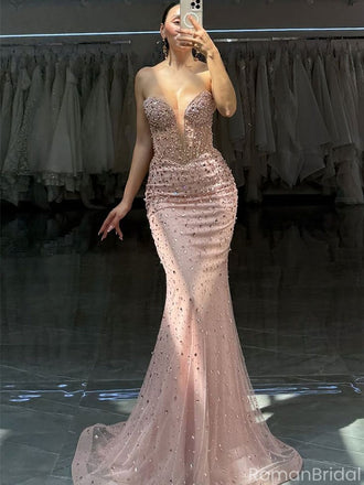 Shiny Pink Sweetheart Sleeveless Mermaid Long Prom Dress Ideas, Evening Party Dresses ,OLP1191