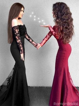 Sexy Black Long Sleeve Mermaid Lace Applique Long Prom Dress Ideas, Evening Party Dresses, OLP1329