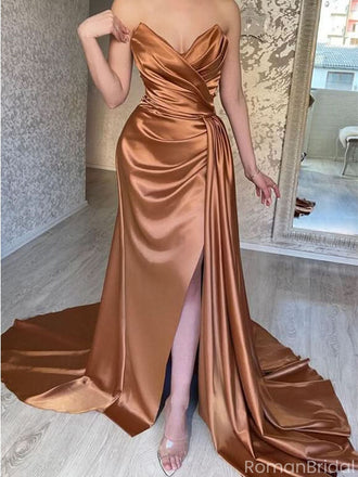 Elegant Gold Sweetheart Sleeveless Mermaid Side Slit Long Prom Dress Ideas, Evening Party Dresses ,OLP1184