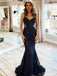Sexy Navy Sequin Mermaid Prom Dress Sheer Side Cutout Formal Gown,OLP1803