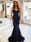 Sexy Navy Sequin Mermaid Prom Dress Sheer Side Cutout Formal Gown,OLP1803