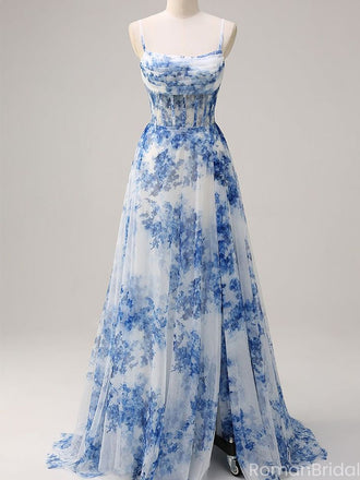 Elegant Blue Spaghetti Strap Mermaid Side Slit Long Prom Dress Ideas, Evening Party Dresses , OLP1234