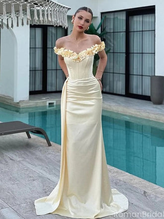 Elegant Yellow Floral Off-Shoulder Mermaid Long Prom Dress Ideas, Evening Party Dresses , OLP1245