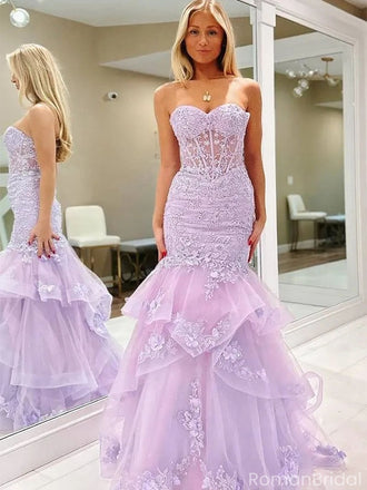 Fancy Lavender Lace Mermaid Prom Gown Strapless Tiered Formal Dress,OLP1788