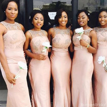 Elegant Pink Lace One-Shoulder Sleeveless Mermaid Long Bridesmaid Dresses Online, BG887