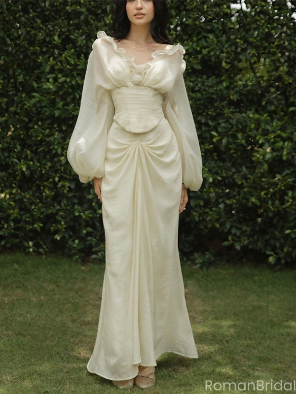 Unique Floral White V-Neck Long Sleeve Long Prom Dress Ideas, Evening Party Dresses, OLP1460