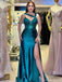 Unique Teal Spaghetti Strap Mermaid Side Slit Long Prom Dress Ideas, Evening Party Dresses, OLP1585