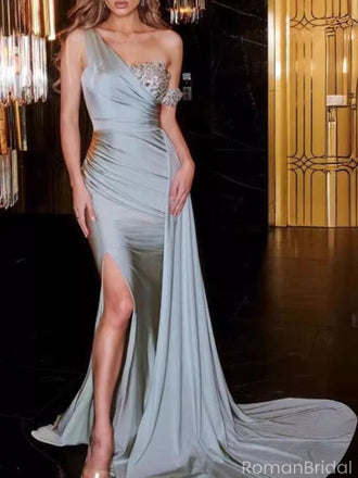 Elegant Blue One-Shoulder Mermaid Side Slit Long Prom Dress Ideas, Evening Party Dresses, OLP1250