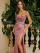 Sexy Mauve Satin Prom Dress Sheer Beaded Corset Bodice High Slit Formal Gown,OLP1773