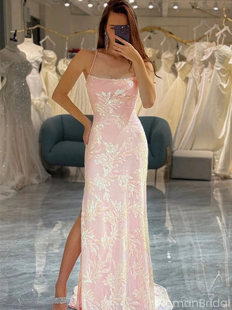 Elegant Pink Spaghetti Strap Sleeveless Mermaid Long Prom Dress Ideas, Evening Party Dresses ,OLP1195
