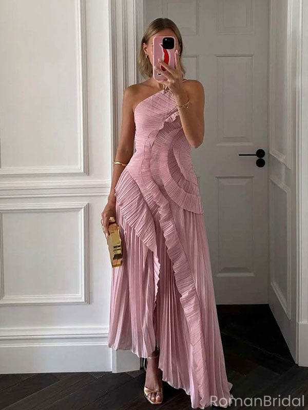 Unique Dusty Rose High Neck Pleated Prom Dress Asymmetrical Ruffle Evening Gown,OLP1819