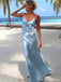 Classy Blue Silk Satin Slip Prom Dress V-Neck Spaghetti Strap Formal Gown,OLP1796