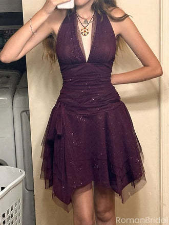 Sexy Purple V-Neck Sleeveless A-Line Short Homecoming Dresses For Party,HD1146