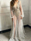 Fancy Silver Sheer Prom Dress V-Neck Long Bishop Sleeve Sequin A-Line Gowns,OLP1767