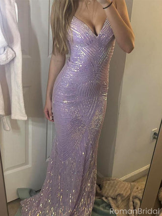 Charming Purple Spaghetti Strap Mermaid  Long Prom Dress Ideas, Evening Party Dresses, OLP1360