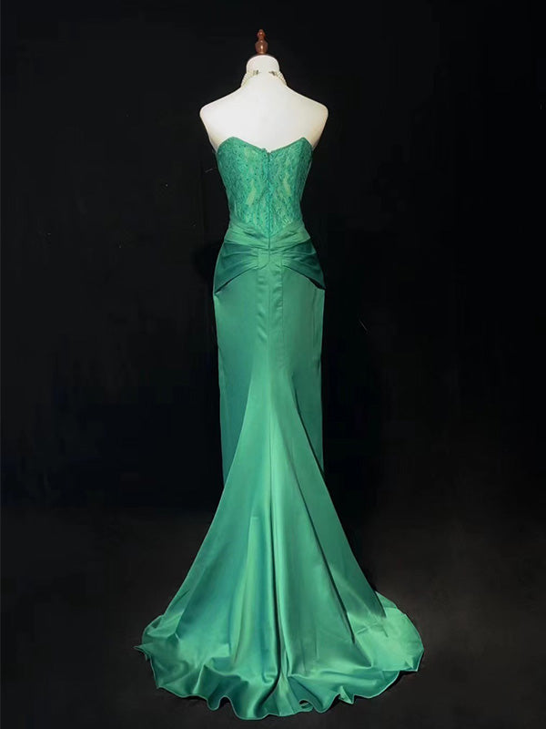 Sexy Sweetheart Sleeveless Mermaid Satin Long Prom Dresses With Trailing For Party Online, OL410