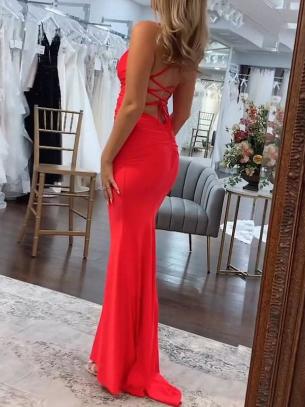 Sexy Spaghetti Strap V-neck Mermaid Satin Long Prom Dress Online, OL282