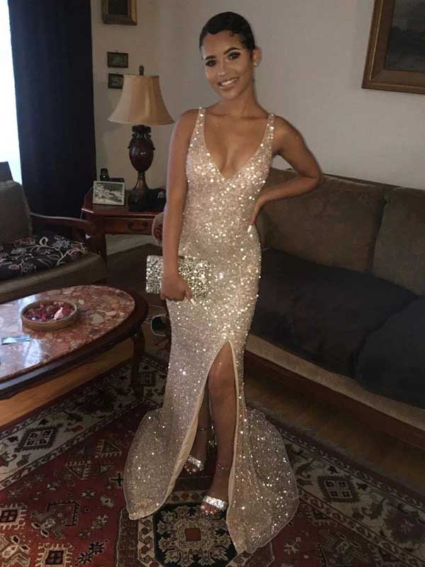 Sexy V-neck Sleeveless Mermaid Sequin Long Prom Dresses With Trailing Online, OL470