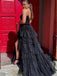 Unique Spaghetti Strap V-neck Sleeveless A-line Black Tulle Long Prom Dresses Online, OL386