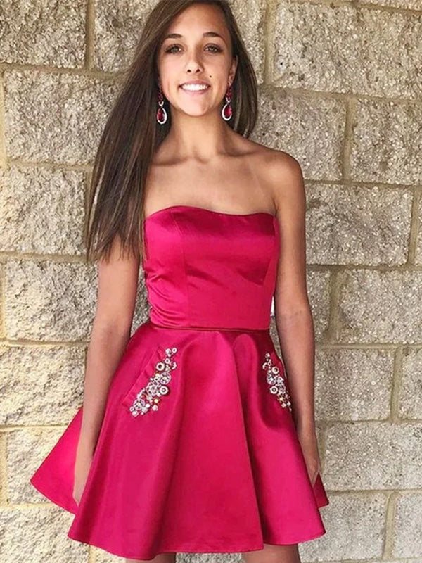 Unique Sweetheart Sleeveless Satin A-line Homecoming Dresses For Party Online, HD0981