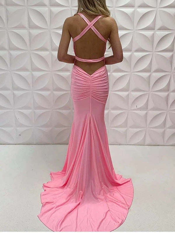 Sexy V-neck Sleeveless Mermaid Satin Pink Long Prom Dresses With Trailing For Party Online, OL378