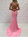 Sexy V-neck Sleeveless Mermaid Satin Pink Long Prom Dresses With Trailing For Party Online, OL378