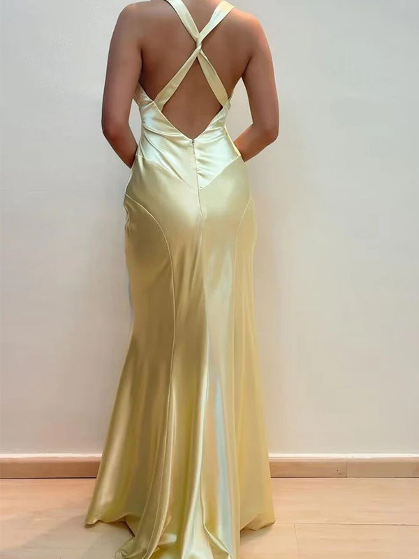 Sexy V-neck Sleeveless Mermaid Satin Evening Prom Dresses Online, OLP941