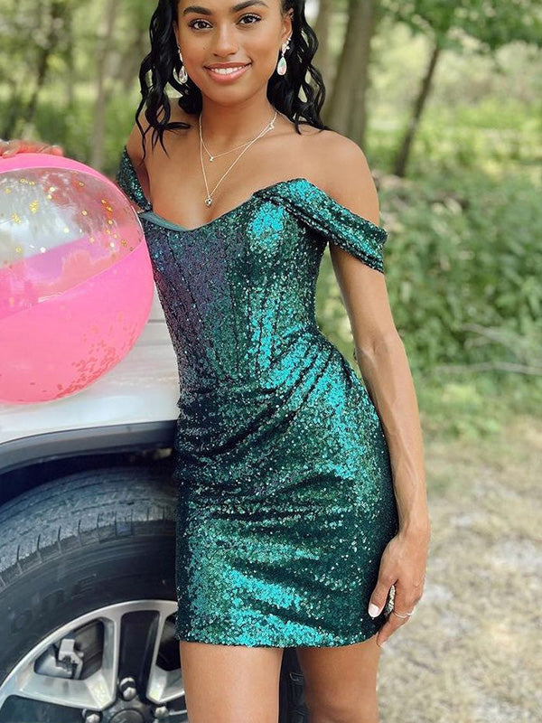 Sexy Off-shoulder Sleeveless Short Mermaid Sequin Homecoming Dresses For Party Online, HD0934