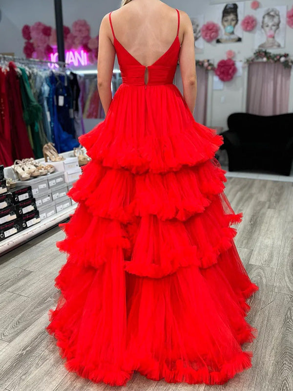 Gorgeous V-neck Spaghetti Strap Tulle Ruffles Red A-line Long Prom Dress With Trailing Online, OL314