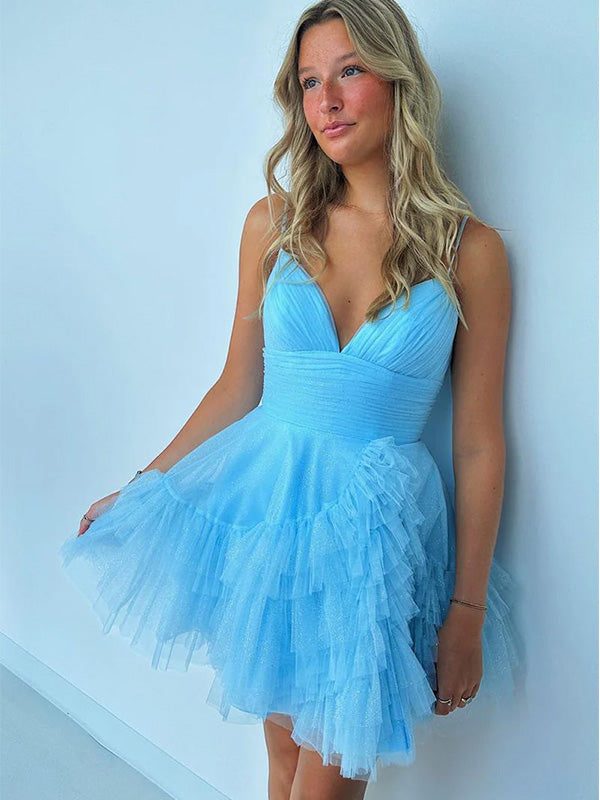 Simple Spaghetti Strap V-neck Sleeveless Short Tulle A-line Homecoming Dresses For Party Online, HD0826