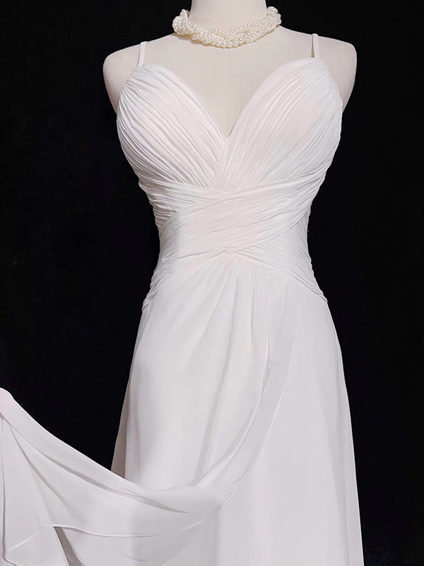 Simple Spaghetti Strap Sleeveless A-line Chiffon White Long Prom Dresses For Party Online, OL390