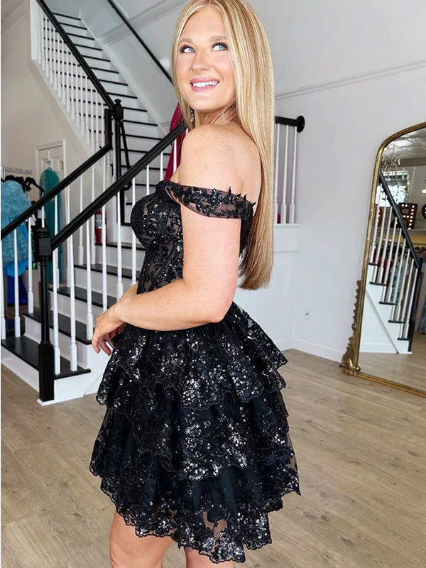 Sexy Off-shoulder Sleeveless Short Lace A-line Black Homecoming Dresses For Party Online, HD0838