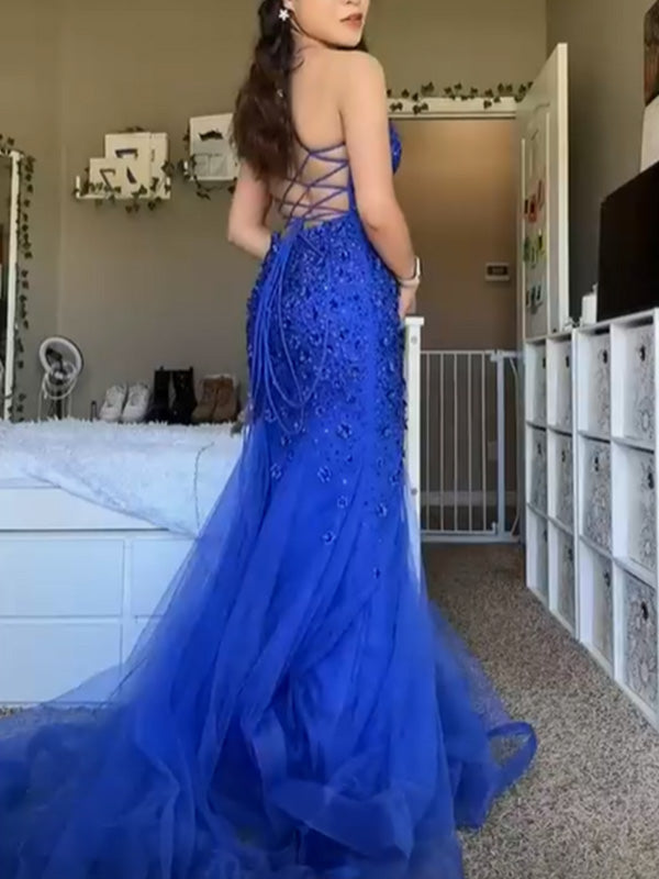 Elegant Spaghetti Strap V-neck Sleeveless Mermaid Lace Long Prom Dresses Online, OL588