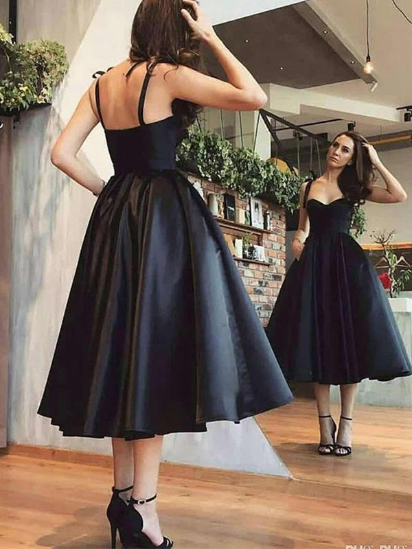 Formal Spaghetti Strap Sleeveless A-line Satin Long Prom Dresses Black For Party Online, OL338