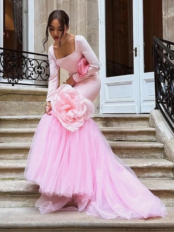 Square Sweetheart Full Sleeve Mermaid Crepe Long Evening Prom Dresses Online, OLP750