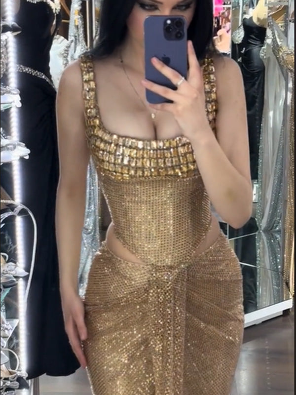 Sexy Square Sleeveless Mermaid Sequin Long Prom Dresses Online, OLP618