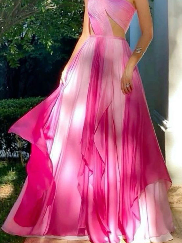 Soft One-shoulder Sleeveless A-line Chiffon Long Evening Prom Dresses Online, OLP630