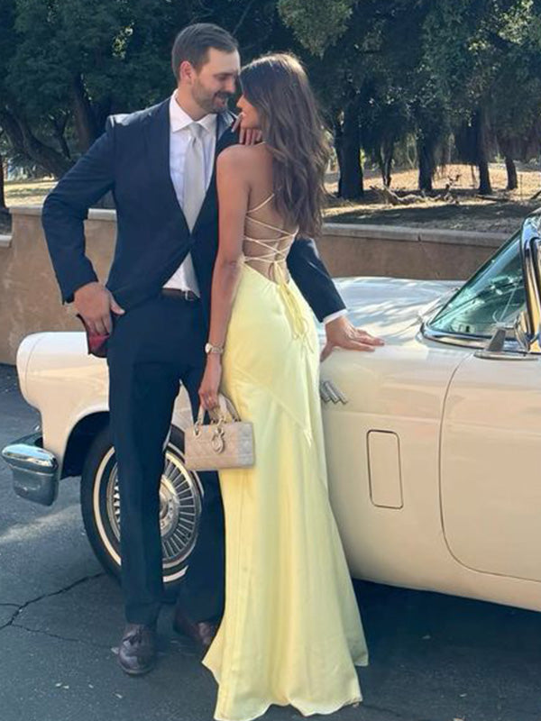 Simple Spaghetti Strap Sleeveless Mermaid Satin Evening Prom Dresses Online, OLP1014