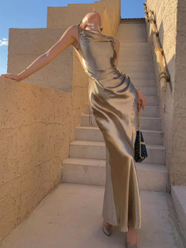 Soft Halter Sleeveless Mermaid Satin Long Evening Prom Dresses Online, OLP718