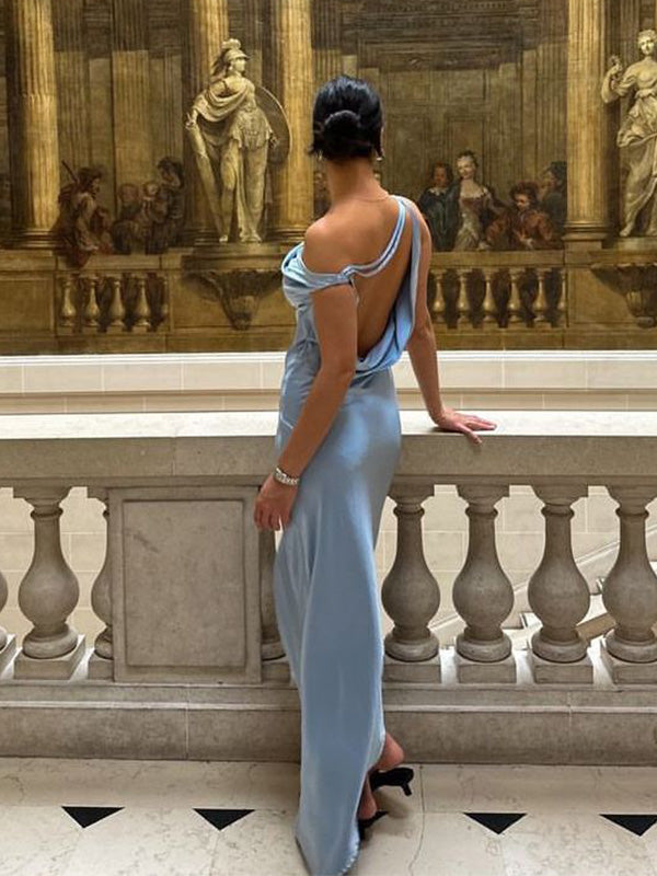 Formal One-shoulder Sleeveless Mermaid Satin Evening Prom Dresses Online, OLP836