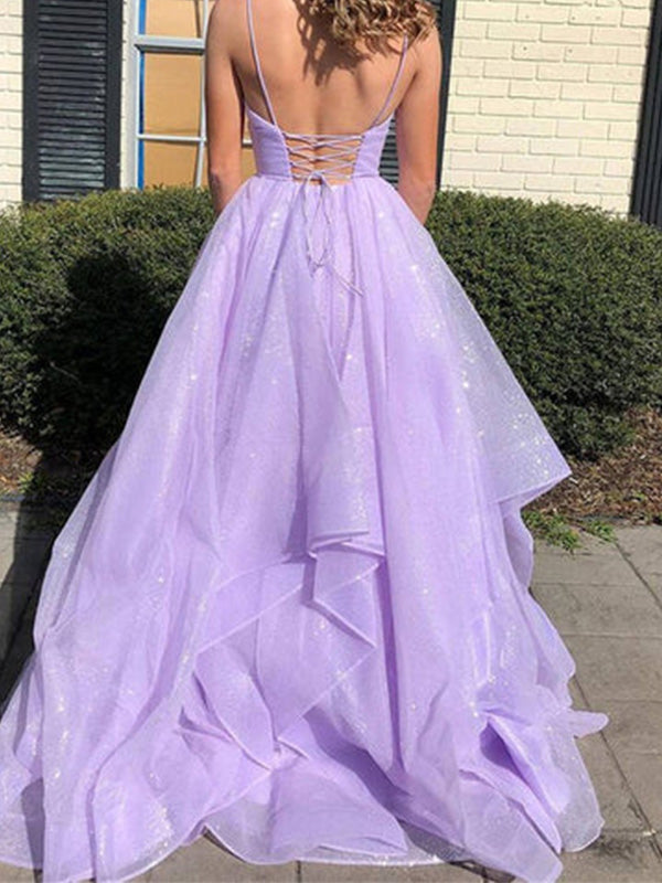 Formal Spaghetti Strap Sleeveless A-line Tulle Long Evening Prom Dresses Online, OLP638