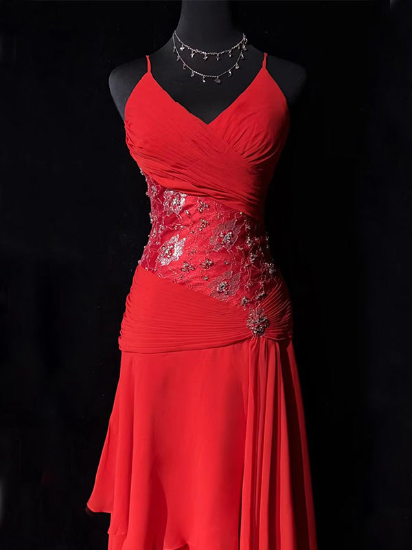 Sexy Spaghetti Strap Sleeveless Mermaid Chiffon Red Homecoming Dresses For Party Online, HD0942