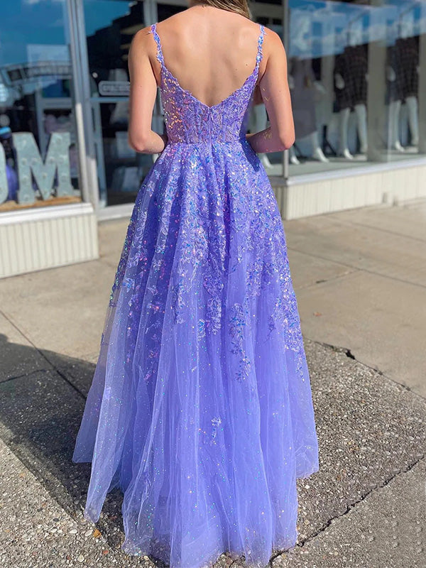 Elegant Spaghetti Strap Sleeveless A-line Tulle Long Prom Dresses With Slit For Party Online, OL370